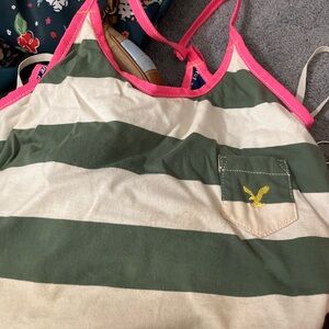 American Eagle Green and White Striped Bag with Pink Trim, button closure.